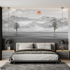 Black & White Mountains Artwork With Black Trees | Nature Wallpaper Mural