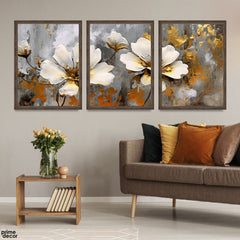 Abstract White & Gold Flowers Over Grey Background (3 Panel) Floral Wall Art