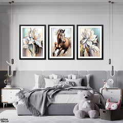 Horse & Glittery Abstract Flowers (3 Panel) Animal Wall Art - Prime Décor