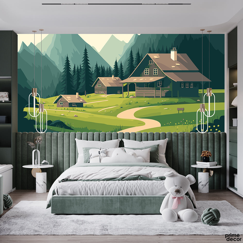 Huts In The Lush Green Meadows | Landscape Wallpaper Mural - Prime Décor