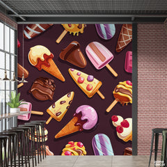 Beautiful Designs Of Ice Cream Over Red Background | Restaurant Wallpaper Mural