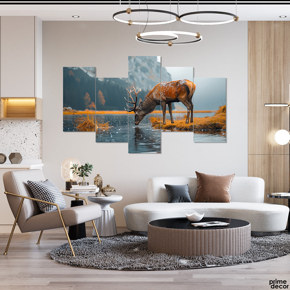 Wild Deer Drinking Water From Flowing River (5 Panel) Nature Wall Art - Prime Décor