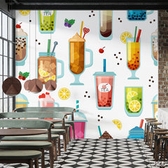 Beautiful Designs Of Tea & Juice Over White Background | Restaurant Wallpaper Mural