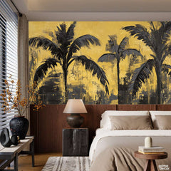 Abstract Green Trees Artwork Over Gold Background | Floral Wallpaper Mural