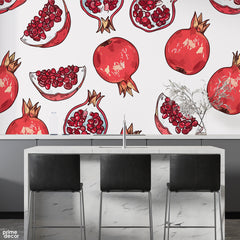 Beautiful Abstract Artwork Of Pomegranate Over White Background | Restaurant Wallpaper Mural