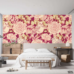 Beautiful Pencil Style Floral Artwork Over Maroon Background | Floral Wallpaper Mural