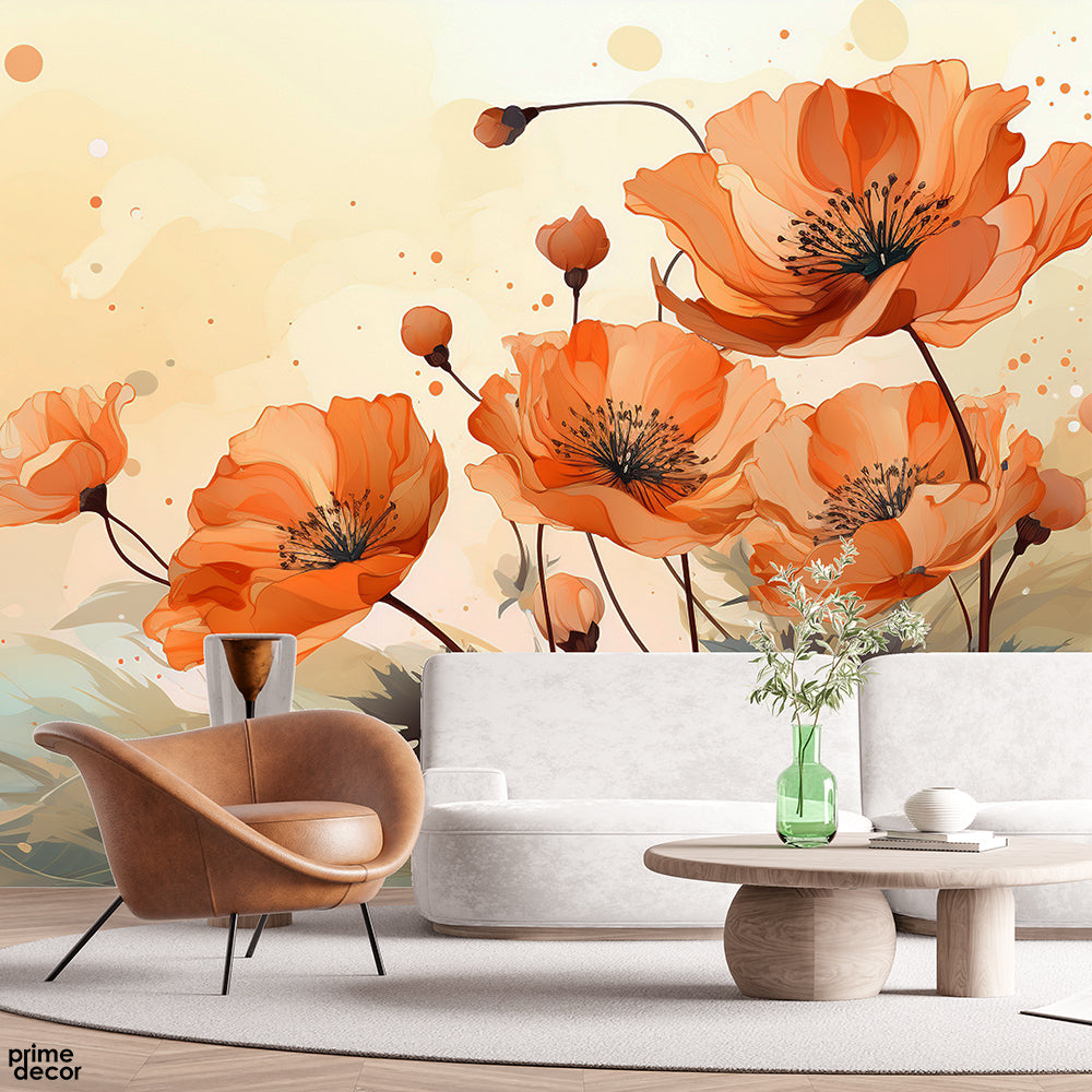 Dusty Orange Watercolor Flowers | Floral Wallpaper Mural - Prime Décor