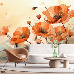 Dusty Orange Watercolor Flowers | Floral Wallpaper Mural - Prime Décor