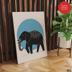 Elephant With Beautiful Art Over Blue & Beige Background | Abstract Animal Artwork #0075 - Prime Décor