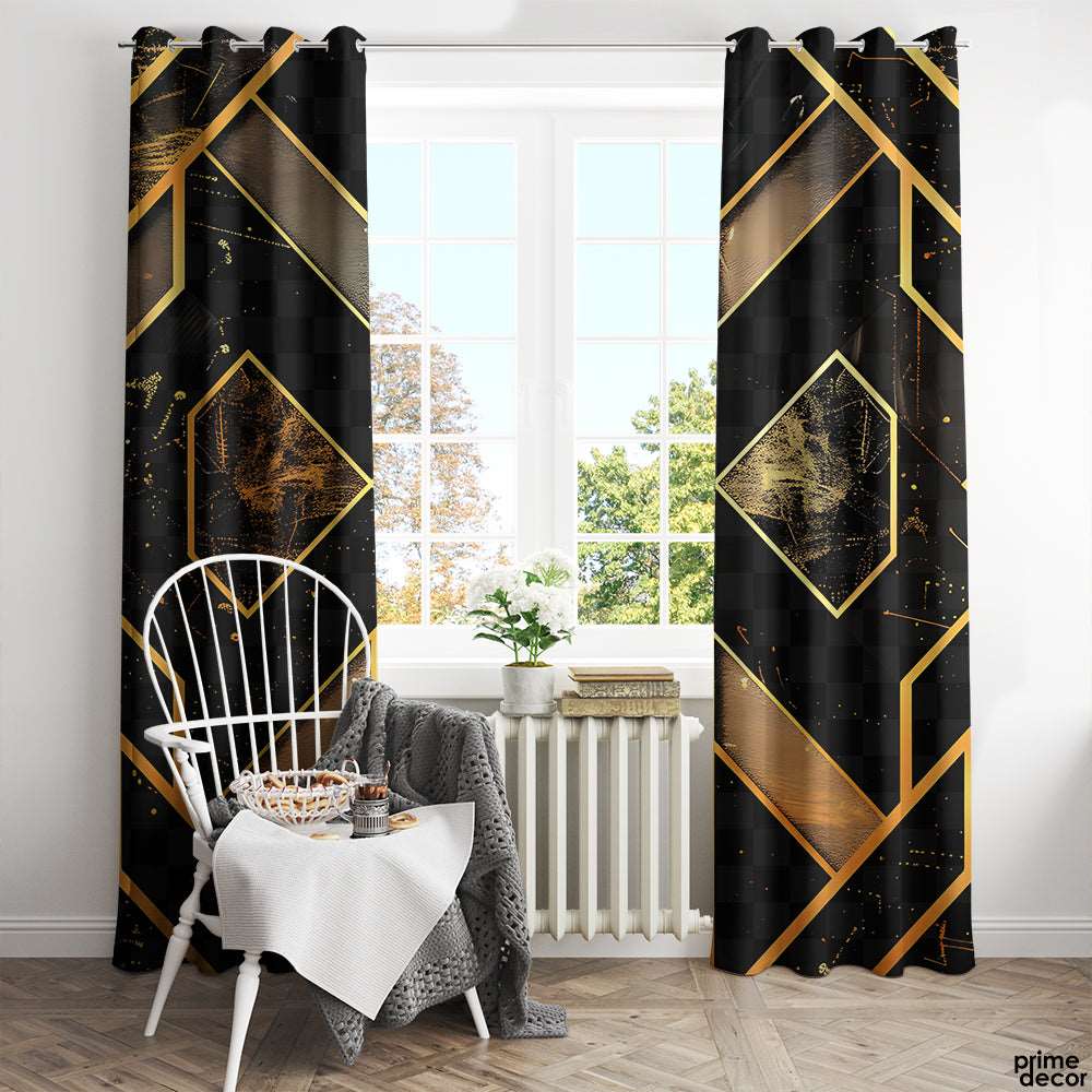 A Black & Gold Diamond Pattern | Abstract Curtains #076 - Prime Décor