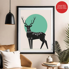 Deer With Beautiful Art Over Green & Beige Background | Abstract Animal Artwork #0076 - Prime Décor