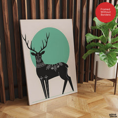 Deer With Beautiful Art Over Green & Beige Background | Abstract Animal Artwork #0076 - Prime Décor