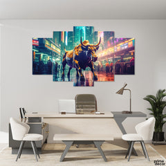 Bull of Wall Street In Urban Neon Background (5 Panel) Office Wall Art - Prime Décor