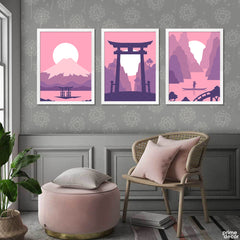 Dusk & Pink Pastel Color Japanese Mount Fuji And Arch (3 Panel) Travel Wall Art - Prime Décor