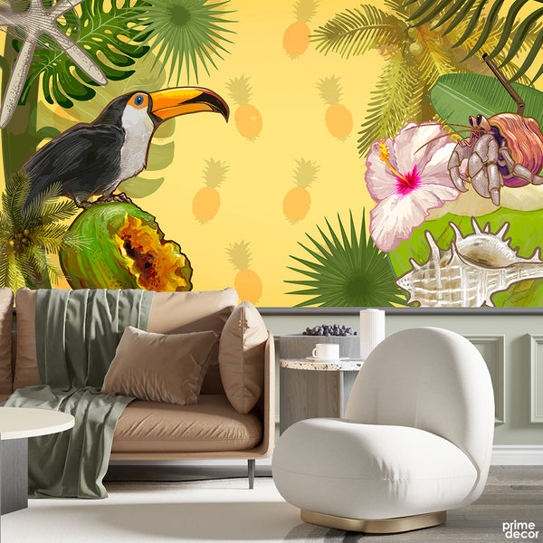 Seashells And Toucan Bird With Exotic Tropical Leaves | Nature Wallpaper Mural - Prime Décor