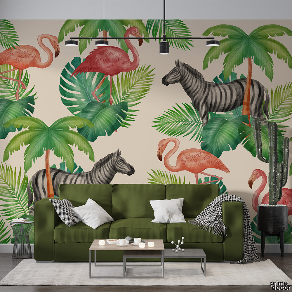 Zebras & Flamingos Exotic Tropical Leafy Background | Nature Wallpaper Mural - Prime Décor