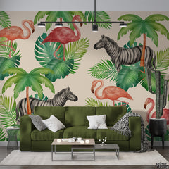 Zebras & Flamingos Exotic Tropical Leafy Background | Nature Wallpaper Mural - Prime Décor