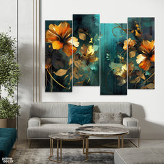 Black & Gold Floral Design Over Green Background (4 Panel) Floral Wall Art - Prime Décor