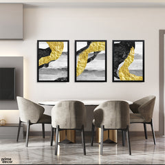 Gold Leaf & Charcoal Abstract Waves (3 Panel) Modern Wall Art