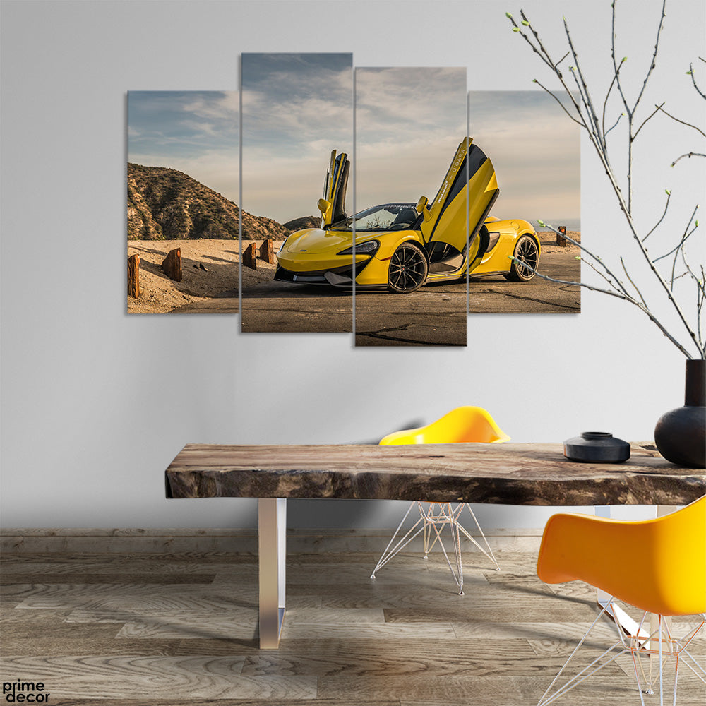 Yellow McLaren With Butterfly Doors Opened (4 Panel) Cars Wall Art - Prime Décor