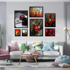 Crimson Red Vintage Style Scooter And Flowers (7 Panel) Vintage Wall Art