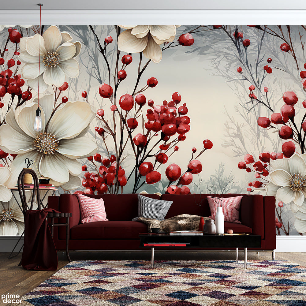 Red Berries With Beige Flowers | Floral Wallpaper Mural - Prime Décor