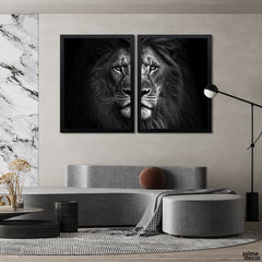 Grayscale Gruesome Lion Split Face (2 Panel) Animal Wall Art - Prime Décor