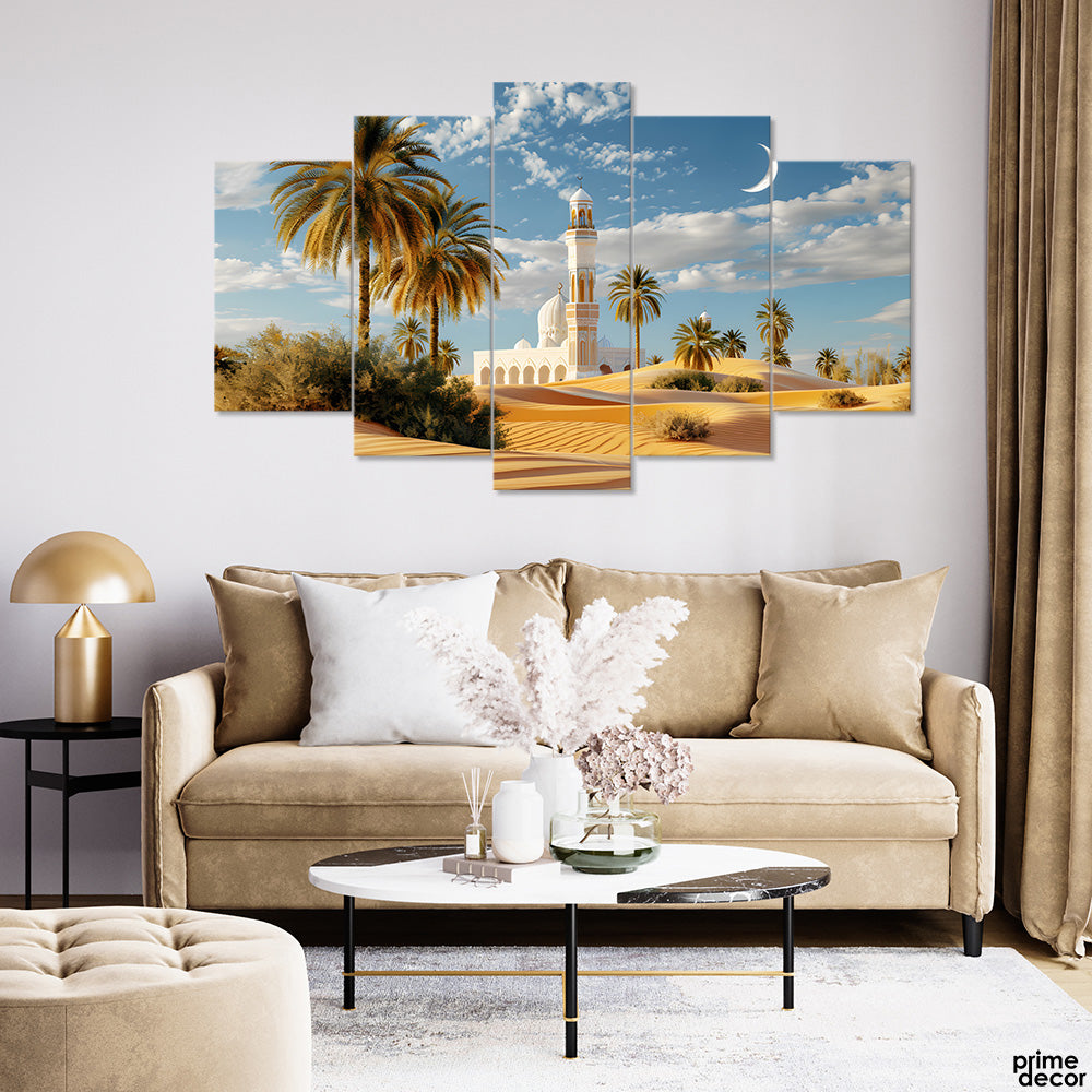 Beautiful White Mosque In Desert By Date Trees (5 Panel) Islamic Wall Art - Prime Décor