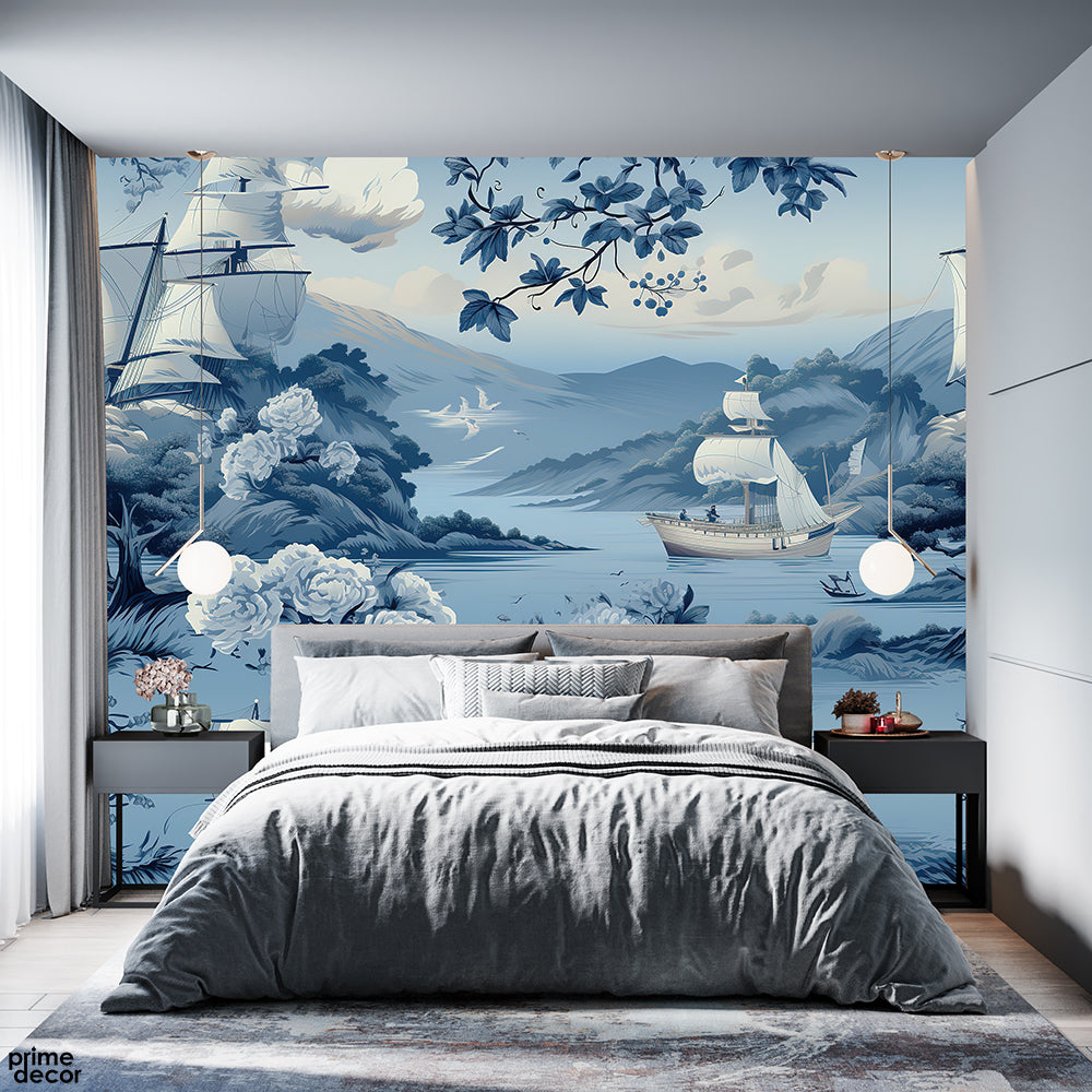 Chinese Boat Sailing Through Blue Flowery River | Nature Wallpaper Mural - Prime Décor