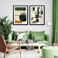 Slate Green & Mustard Abstract Acrylic Shapes (2 Panel) Abstract Wall Art - Prime Décor