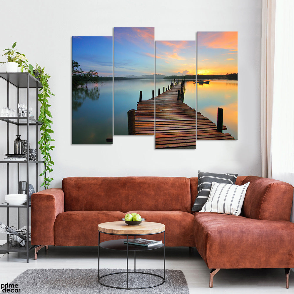 Wooden River Dock In Serene Colorful Sunset (4 Panel) Landscape Wall Art - Prime Décor