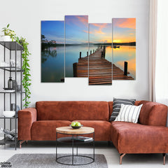 Wooden River Dock In Serene Colorful Sunset (4 Panel) Landscape Wall Art - Prime Décor
