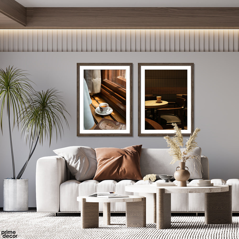 Espresso Brown Moody Tea Cup In Light (2 Panel) Vintage Wall Art - Prime Décor