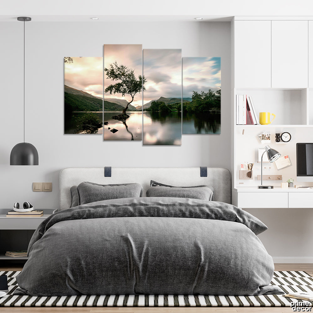 Lone Tree In Reflection Lake (4 Panel) Nature Wall Art - Prime Décor