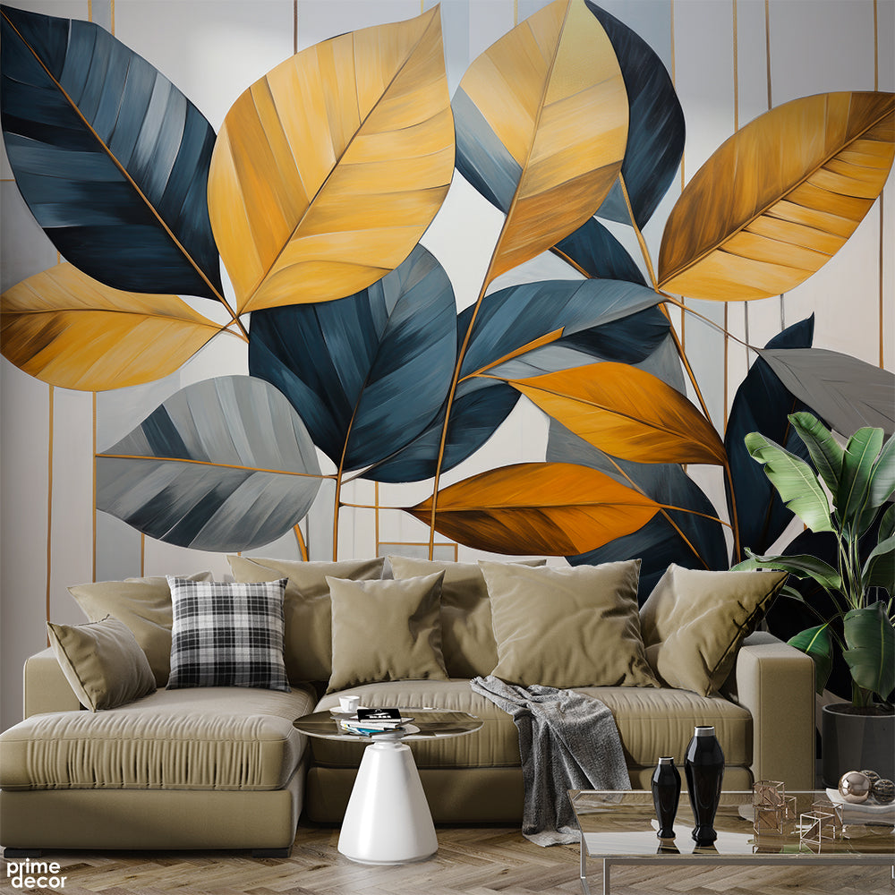 Tan & Gray Exotic Tropical Leaves Strokes Style | Office Wallpaper Mural - Prime Décor