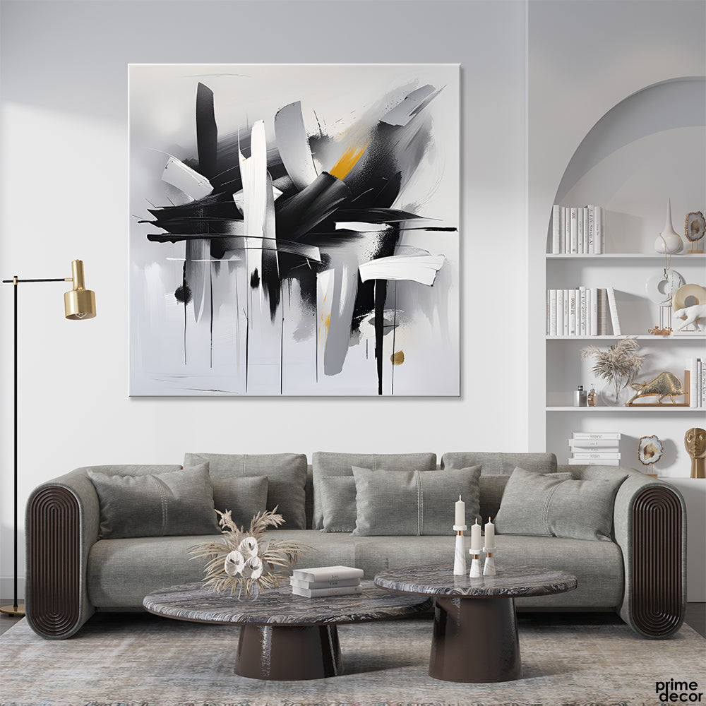 Abstract Large B&W Brush Strokes With A Hint of Yellow (Single Panel) Abstract Wall Art - Prime Décor