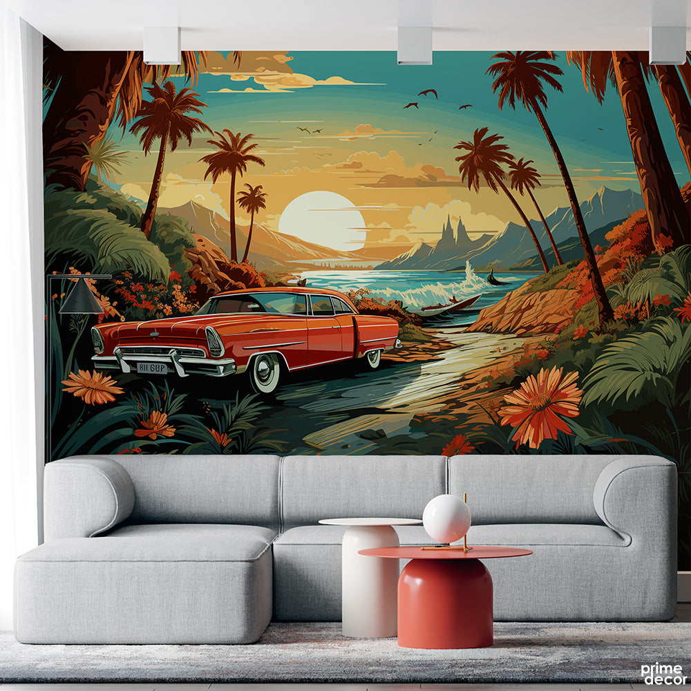 Classic Red Muscle Car At Sunset | Cars Wallpaper Mural - Prime Décor