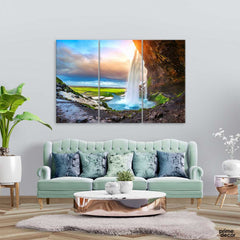 Waterfall During Sunset Iceland (3 Panel) Nature Wall Art - Prime Décor