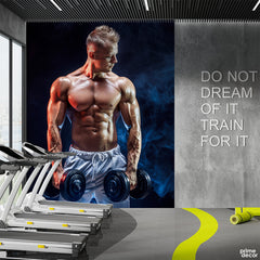 Muscular Man Holding Dumbbells Neon Smoke Style | Gym Wallpaper Mural - Prime Décor