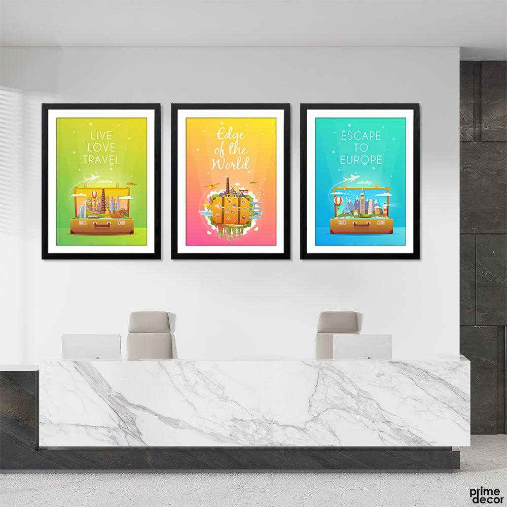 Live Love Travel Colorful Gradient Landmarks (3 Panel) Travel Wall Art - Prime Décor