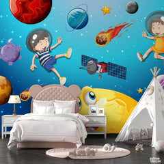 Moon with Happy Face Galaxy Theme | Kids Wallpaper Mural - Prime Décor