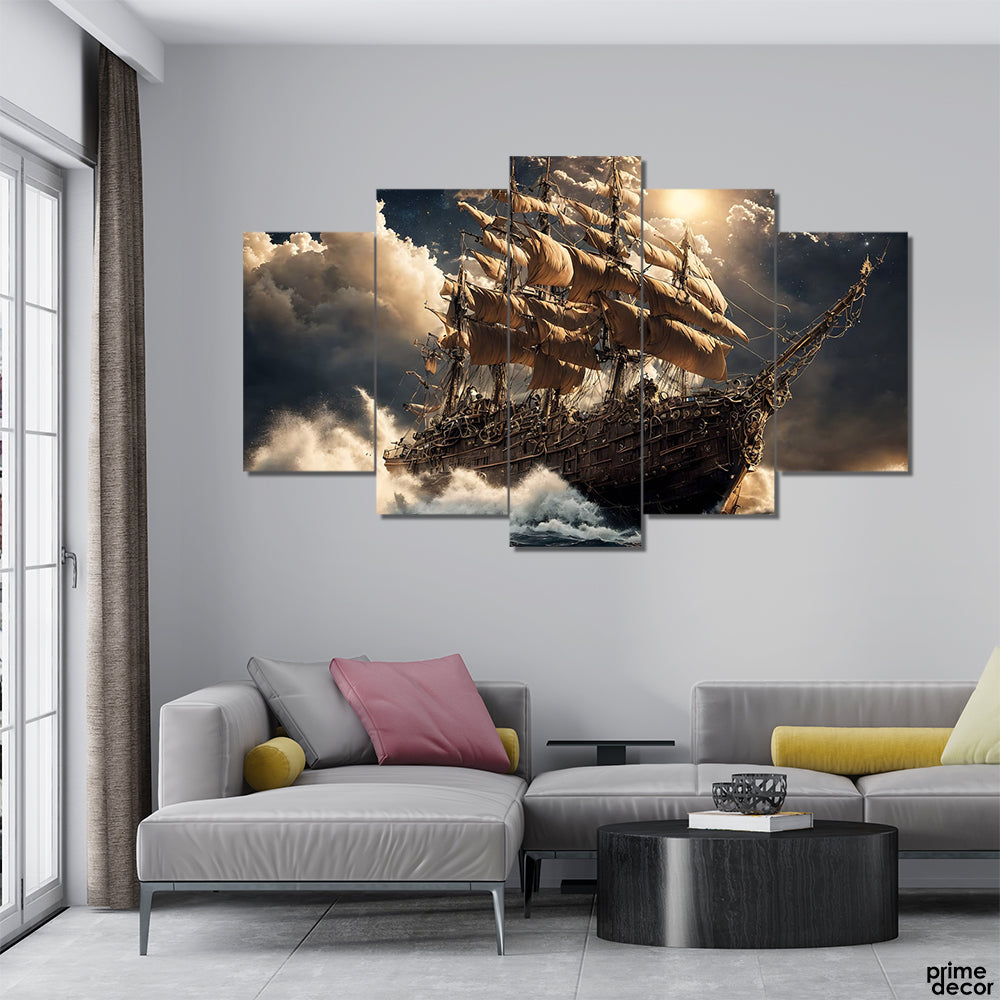 Cyberpunk Ship Sailing Through Sea Storm (5 Panel) Travel Wall Art - Prime Décor