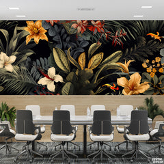 Carbon Grey & Sheen Gold Exotic Tropical Leaves | Office Wallpaper Mural - Prime Décor
