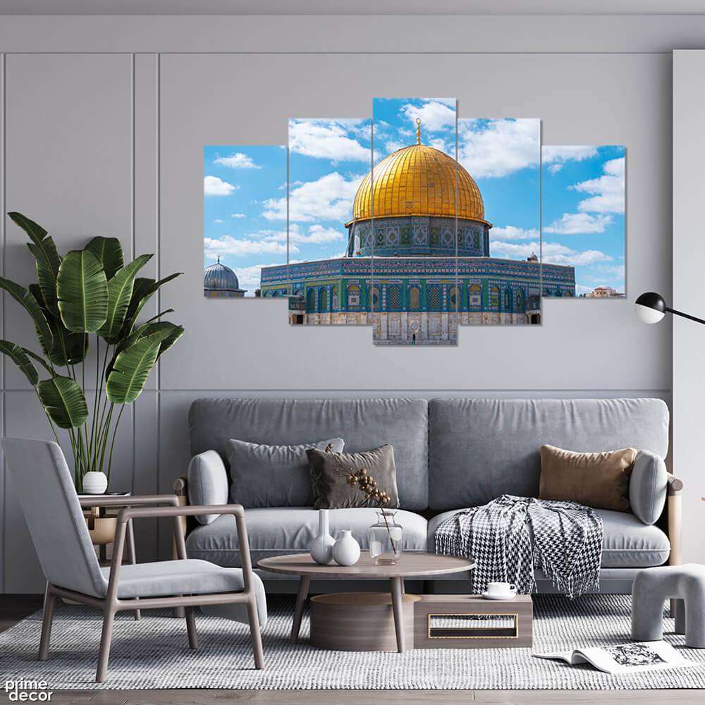 Al-Aqsa Mosque Dome of Rock in Cloudy Background (5 Panel) Islamic Wall Art - Prime Décor