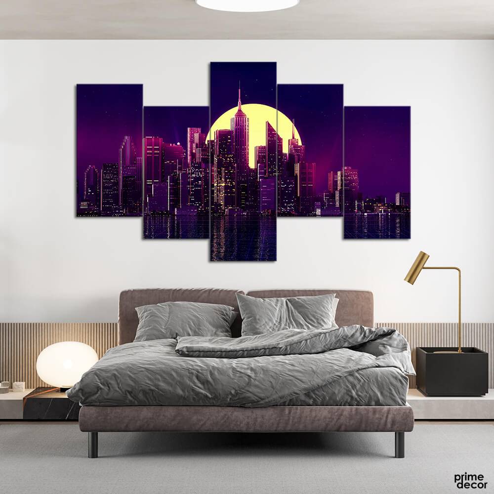 Big Moon Behind Neon City (5 Panel) Landscape Wall Art On Sale - Prime Décor