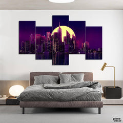 Big Moon Behind Neon City (5 Panel) Landscape Wall Art On Sale - Prime Décor