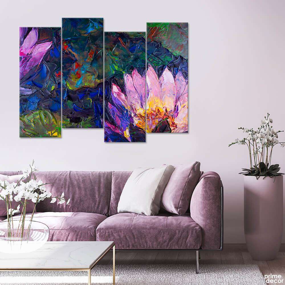 Big Purple Flower Oil Paint (4 Panel) Floral Wall Art - Prime Décor