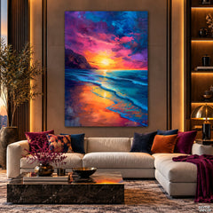 Vibrant Purple and Orange Sunset Over Ocean Abstract (Single Panel) Digital Painting Wall Art