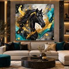 Black Horse with Gold and Turquoise Accents (Single Panel) Digital Painting Wall Art