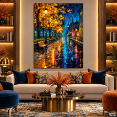 Autumn City Street in the Rain (Single Panel) Digital Painting Wall Art